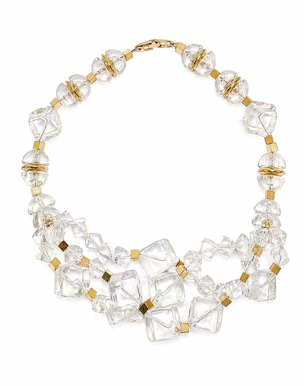 Vintage Napier Crystal Ice Lucite Necklace Clear Cube Gold Tone